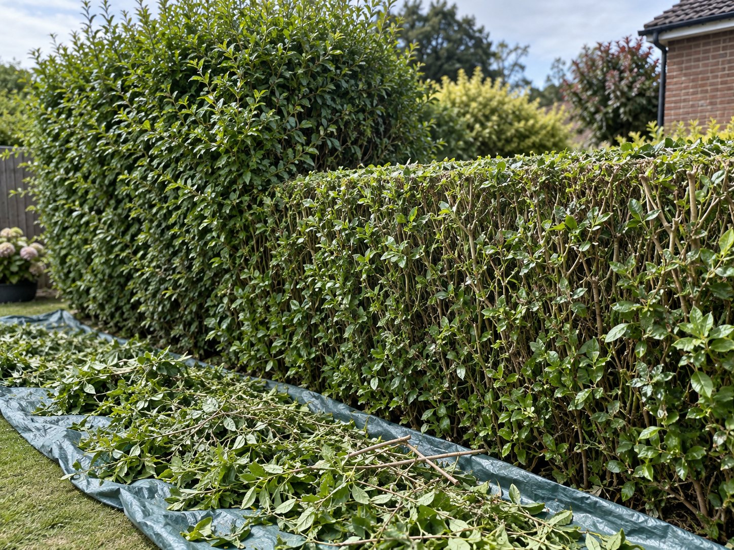 Overgrown hedge being reduced back to a manageable height
