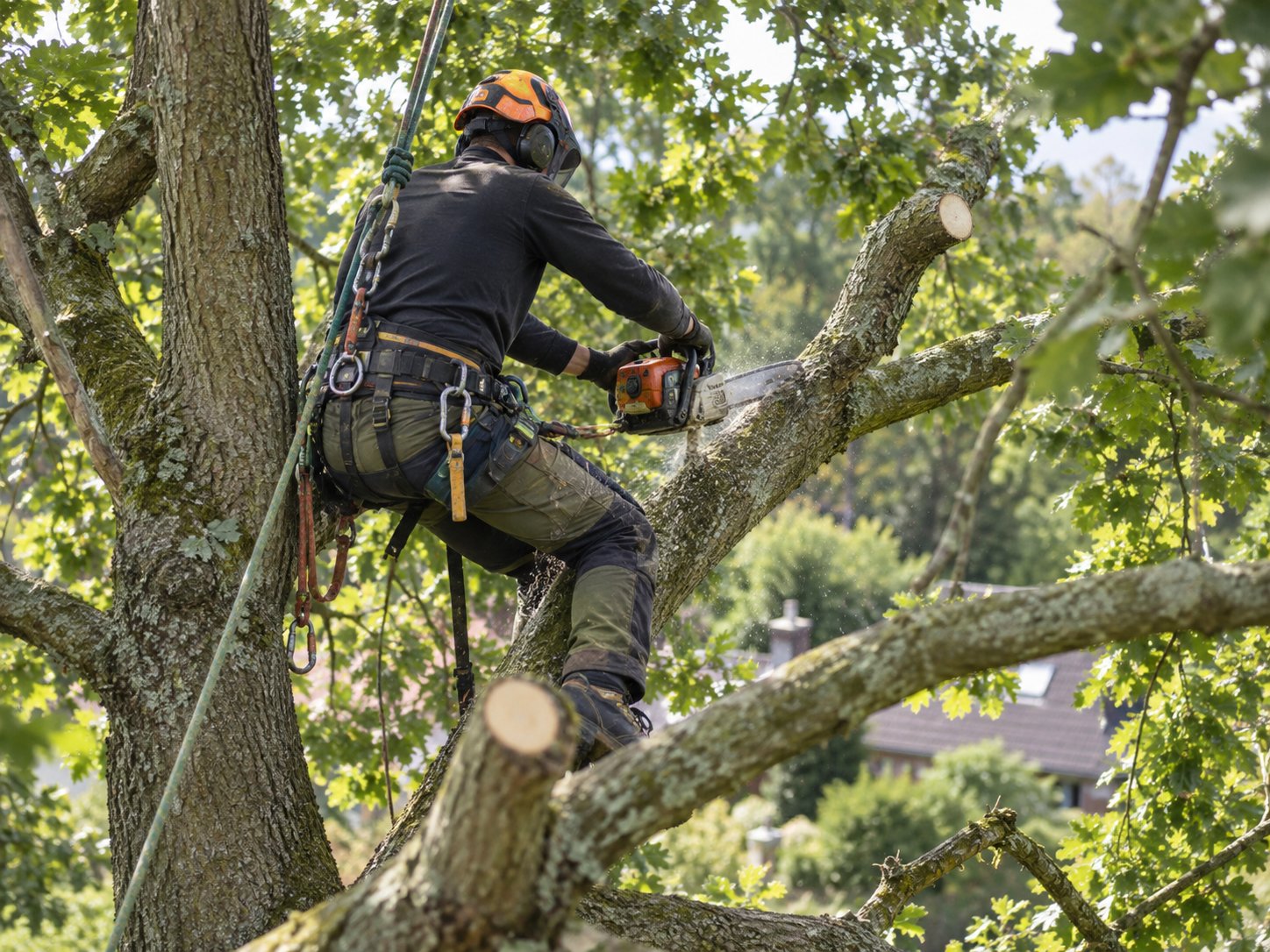 Arborist carrying out crown reduction on a mature tree